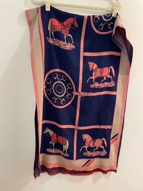 Equestrian Print Long Scarf in Navy and pink